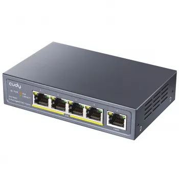 Tīkla slēdzis Cudy GS1005P — 5 portu Gigabit Ethernet ar 4 PoE portiem, 60W, metāla korpuss, montējams statīvā