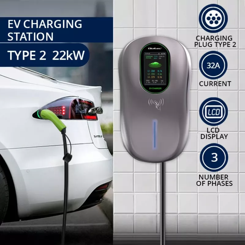 EV uzlādes stacija QOLTEC 52430 22 kW Wi‑Fi RFID 3‑fāžu, 32 A, Type 2, IP54
