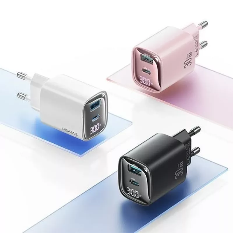 usams CC229 30W GaN ātrais lādētājs balts — USB un USB-C, LED indikators