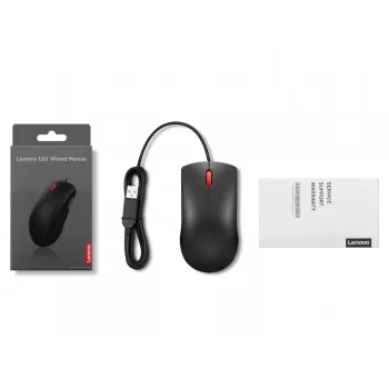 Vadu pele USB-A Lenovo 120 — Melna, ambidekstrāla, 1600 DPI, 3 pogas, 1,5 m kabelis