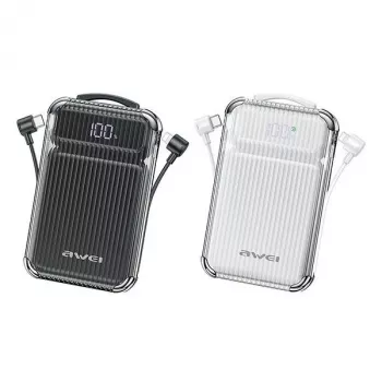 AWEI P89K portatīvais akumulators (power bank) 10000mAh 22,5W, ar PD/Lightning vadiem, melns