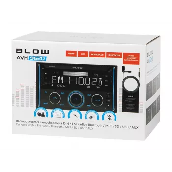 2DIN auto radio BLOW AVH-9620 double-DIN priekšējais panelis ar Bluetooth 5.0, USB Type-A, 2.8 collu displejs, 4×60 W RMS