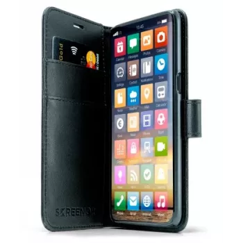 Maciņas korpuss SCREENOR iPhone 15 Pro Max 6.7 collu Melns — eko āda, TPU, 3 karšu kabatas, statīvs