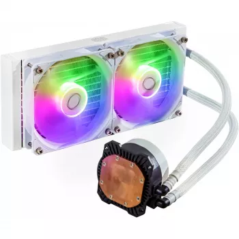 Šķidruma dzesēšanas komplekts Cooler Master MasterLiquid 240L Core ARGB White — 240 mm radiators, 120 mm ventilatori, atbalsta LGA1700/AM5/AM4 un vecākus ligzdas