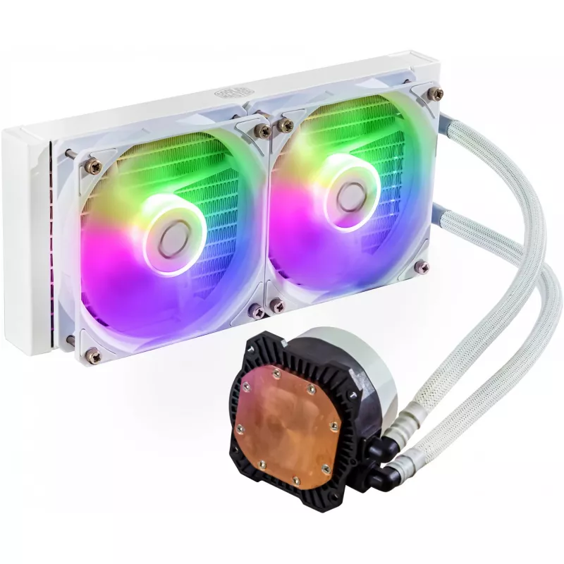 Šķidruma dzesēšanas komplekts Cooler Master MasterLiquid 240L Core ARGB White — 240 mm radiators, 120 mm ventilatori, atbalsta LGA1700/AM5/AM4 un vecākus ligzdas