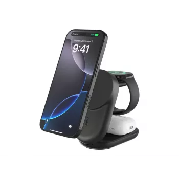Iekštelpu lādētājs Belkin UltraCharge 25W Qi2 3-in-1 magnētiskais lādētājs EU melns apaļš
