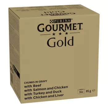 Slapjās barības kaķiem multipaka Purina Nestlé GOURMET Gold Gabaliņi mērcē — 96 x 85 g, 8,16 kg, 4 garšu maisījums