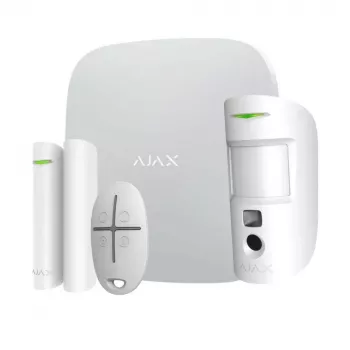 Mājas drošības komplekts Ajax StarterKit Cam Plus — bezvadu Jeweller sistēma, kamera 640×480, Wi‑Fi 802.11b/g/n, CR123A sensori, balts