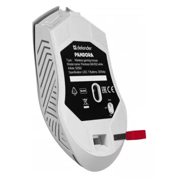 Bezvadu spēļu pele DEFENDER Pandora White — ambidekstrāla, 3200 DPI, 6 pogas, programmējama, optiska, USB