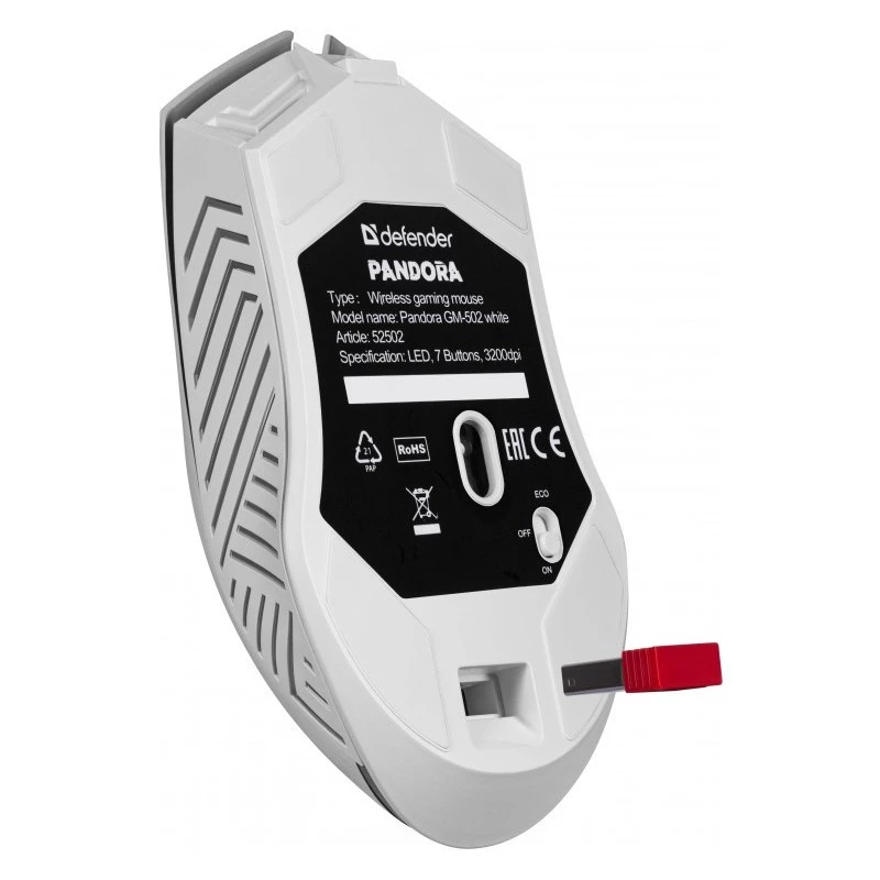Bezvadu spēļu pele DEFENDER Pandora White — ambidekstrāla, 3200 DPI, 6 pogas, programmējama, optiska, USB