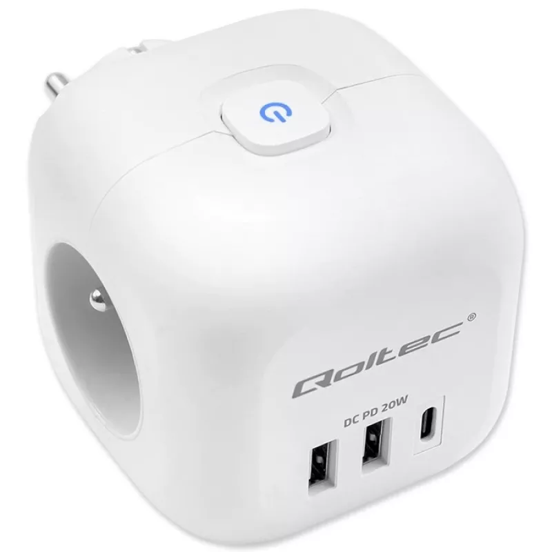 Pagarinātājs QOLTEC 52548 ar 3×AC kontaktligzdām un USB portu