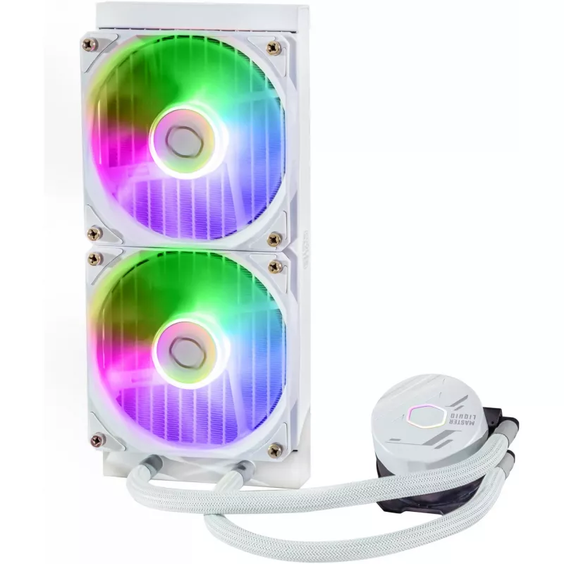 Šķidruma dzesēšanas komplekts Cooler Master MasterLiquid 240L Core ARGB White — 240 mm radiators, 120 mm ventilatori, atbalsta LGA1700/AM5/AM4 un vecākus ligzdas