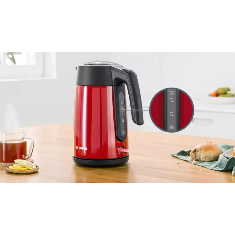Elektriskā tējkanna Bosch TWK7L464 — 1,7 L, 2400 W, sarkana, plastmasas korpuss