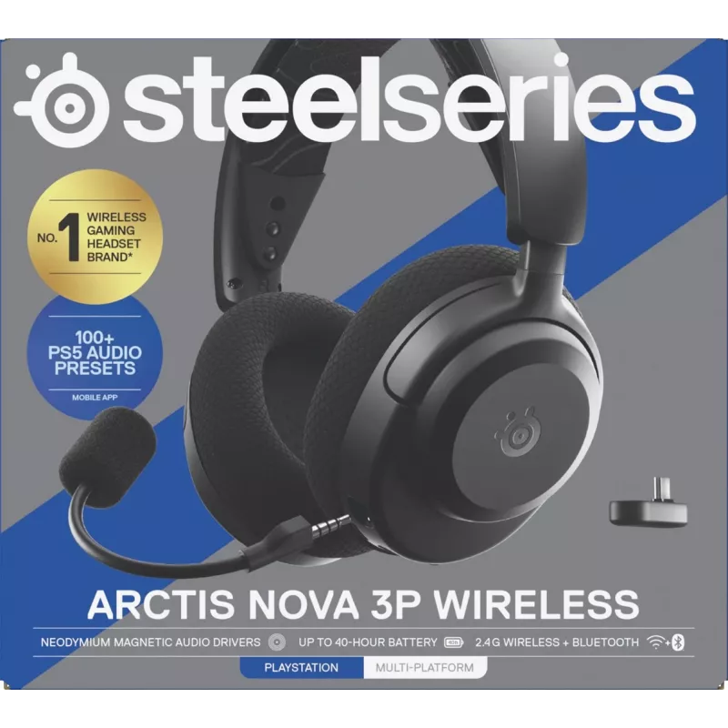 SteelSeries Arctis Nova 3P Wireless bezvadu austiņas spēlētājiem, Bluetooth/2,4 GHz, melnā krāsā