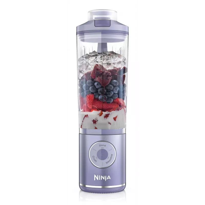 Pārnēsājamais blenderis Ninja BC251EULD — 0,57 L bļoda, akumulators 11,1 V, nerūsējošā tērauda asmeņi, lavandas/caurspīdīgs