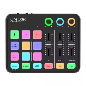 Audio mikseris un USB skaņas karte OneOdio Solocaster — kompakts darbvirsmas interfeiss straumēšanai un ierakstīšanai