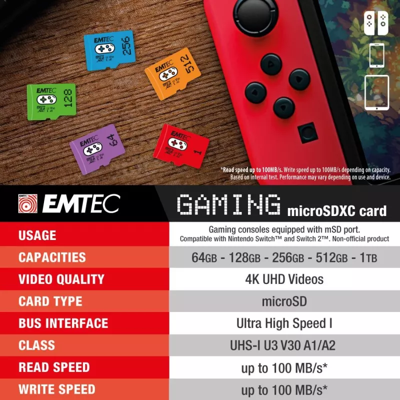 Emtec 1TB UHS-I U3 V30 A2 Gaming Rouge microSDXC atmiņas karte ECMSDM1TXCU3G