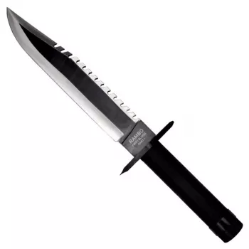 Izdzīvošanas nazis ar fiksētu asmeni Rambo I CC-H1 — 360 mm kopgarums, 225 mm zāģveida tērauda asmens, melna ādas maksts