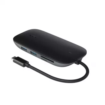 AUKEY CB-C71 USB-C centrmezgls 8 vienā, 3x USB-A 3.0, HDMI 4K@30Hz, Gigabit RJ45, SD/microSD, USB-C PD 100 W, 0,15 m kabelis, alumīnijs, melns