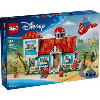 LEGO komplekts Disney 43268 Pludmales māja — modulāra ēka, 834 detaļas, 5 minifigūras, vecumam 9+