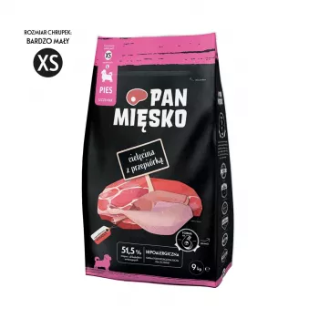 Sausā kucēnu barība Pan Miesko Teļa gaļa ar paipalu XS 9 kg — Junior Small Breed, 30% Olbaltumvielas, 20% Tauki