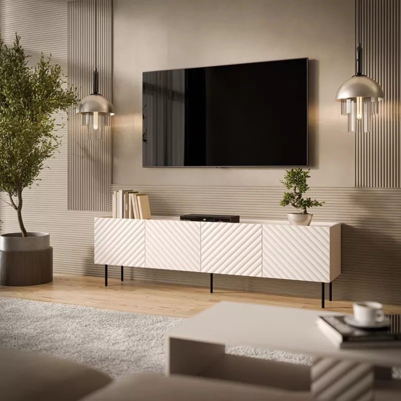 TV skapis Cama LUCCA 4D 200x40x59 cm, smilškrāsas apdare, pelēka skaidu plātnes virsma