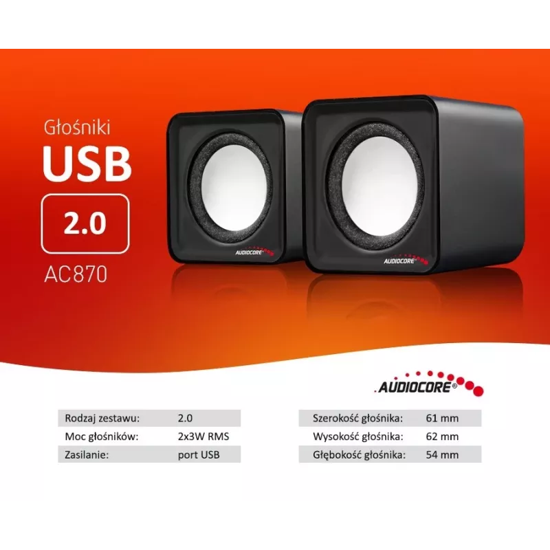 2-virzienu datora skaļrunis Audiocore AC870 B — 3 W RMS, vadu USB barošana, 3.5 mm ieeja, 2.0 kanāli
