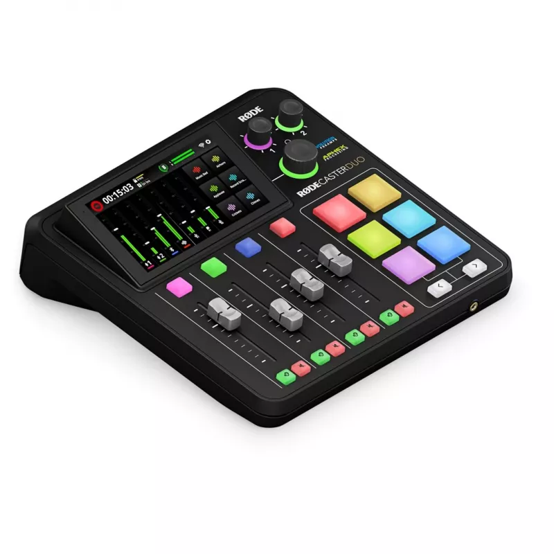 Studijas kontrolieris RØDE Caster Duo Black — 2 kombinētie XLR/TRS, 2 TRS līniju izejas, 48 kHz, 24-bit, skārienekrāns, Wi‑Fi, Bluetooth