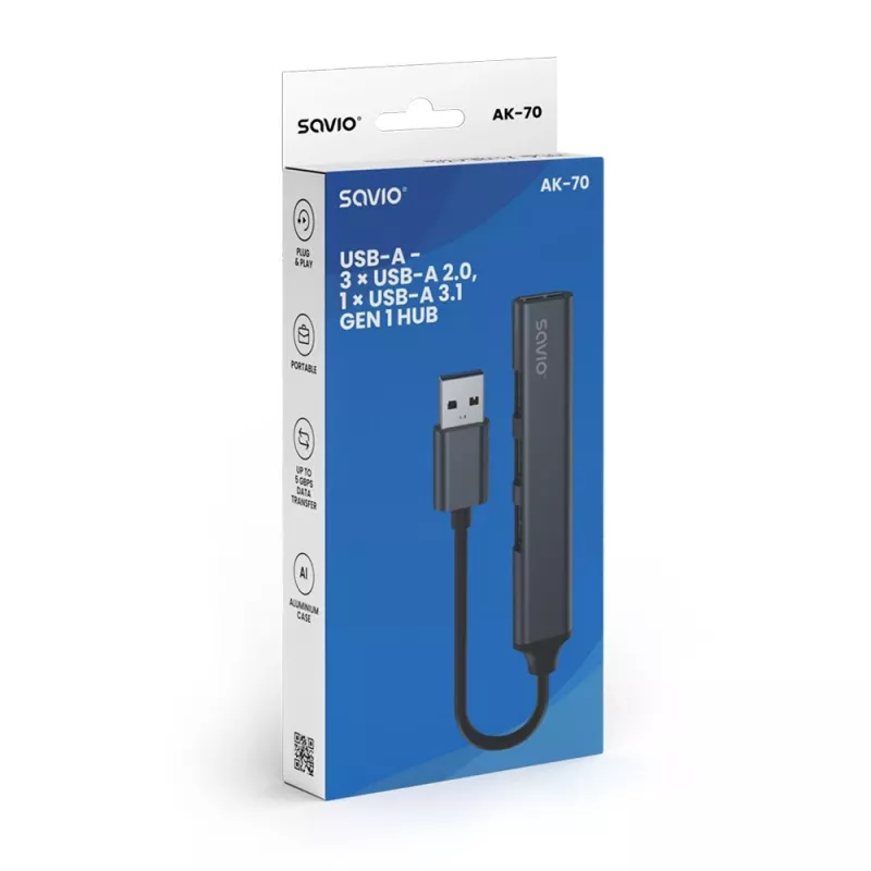 USB centrmezgls SAVIO AK-70, 7 porti USB 3.0, 4 izmantojami porti, USB Type-A savienotājs, 5 Gbit/s pārsūtīšana, garantija 2 gadi