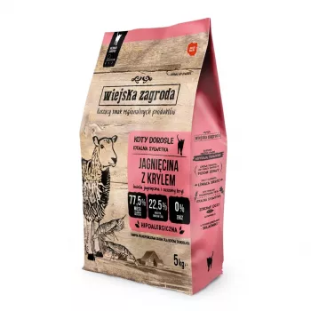 Sausā kaķu barība Wiejskazagroda Rural Farm Jērs ar kriliem, pieaugušiem, bezgraudu, 5 kg, 44% olbaltumvielas, 15% tauki