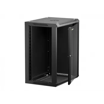NETRACK 019-150-645-022 sienas/piekares skapis 19 inch 15U/450 mm stikla durvis melns noņemami sānu paneļi