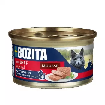 Slapjā kaķu barība BOZITA Mousse Liellopa 85 g — pieaugušiem kaķiem, pilnvērtīgs liellopa mousse, bezgraudu, bez lipekļa un cukura