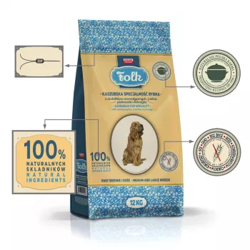 FOLK Vidējām un lielām šķirnēm Kašūbijas stila zivju speciālprodukts ar āboliem, pētersīļiem un lovāžu - sausā suņu barība - 12kg
