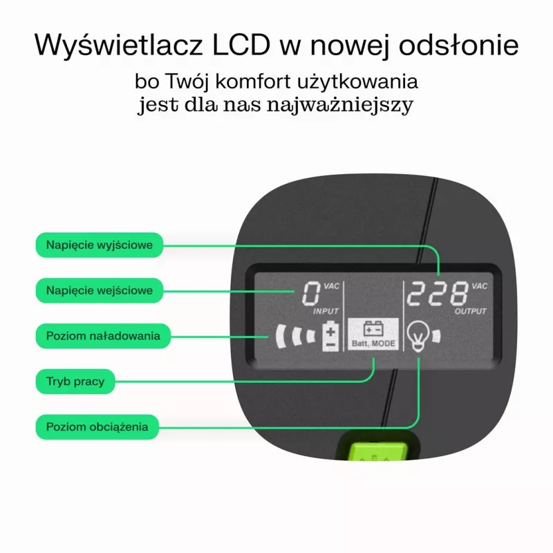 Green Cell PowerProof UPSLM360 650VA / 360W line-interactive UPS ar LCD ekrānu, 12V 7Ah
