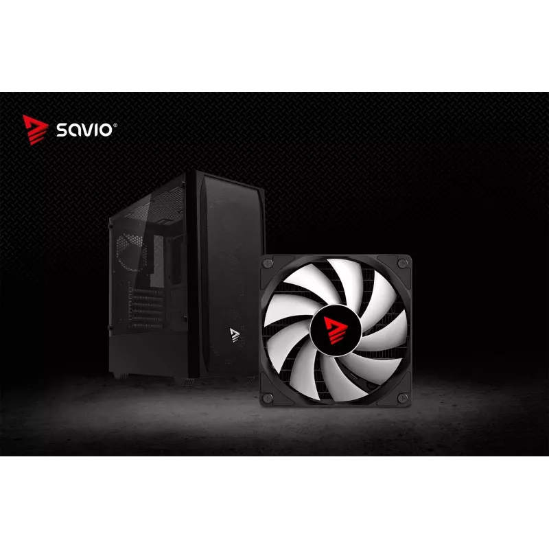 PC korpuss SAVIO Noctis Flow — Cube Mini-ITX/Micro-ATX/ATX, 3x120mm priekšā, 1x120mm aizmugurē, 2x3.5 collu + 3x2.5 collu sloti, rūdīts stikls