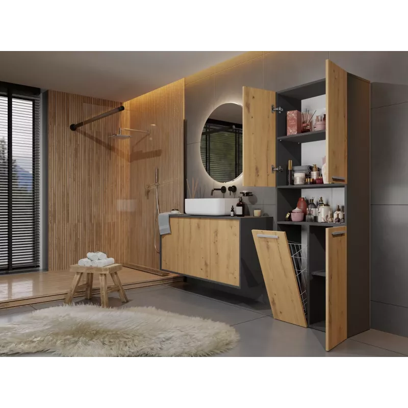 Vannas istabas skapis Top e Shop NEL 1K DK ANT/ART KP — Grafīts/Ozols, brīvi stāvošs, 5 plaukti, 600×300×1740 mm