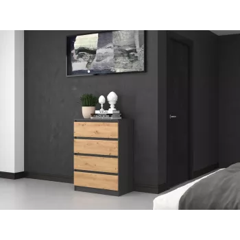 Kumode Top e Shop M4 ANTRACĪTS/ARTISĀNS — 4 atvilktnes, antracīta un ozola finišs, 700×400×970 mm, skaidu plātne
