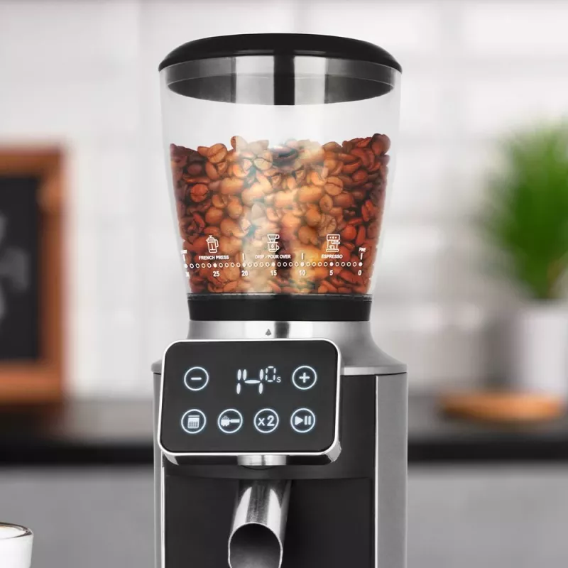Kafijas dzirnaviņas GASTROBACK Design Pro Touch 30 — konusveida dzirnakmeņi, 300 g tvertne, 150 W, melna/caurspīdīga