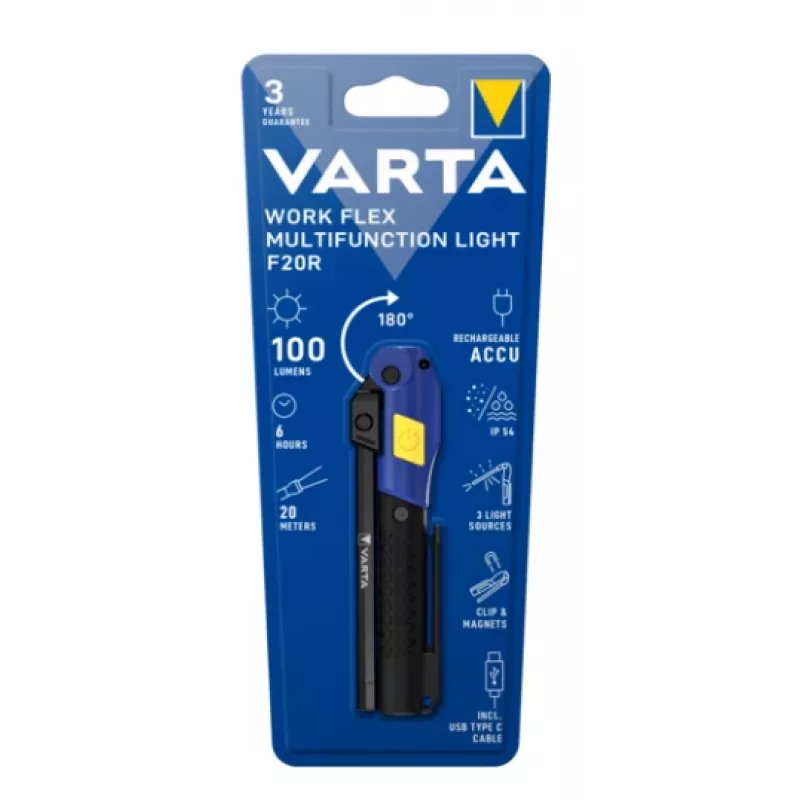 Rokas darba gaisma Varta Work Flex Black LED, 100 lm, iebūvēts akumulators, 6 h, alumīnijs/nilons/PC/gumija, 120 mm
