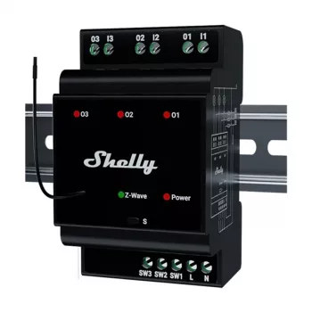 DIN sliedes viedais relejs Shelly WavePro3 3-kanālu Z-Wave, 110–240 V, 25 A uz kanālu, AES-128, DIN montāža