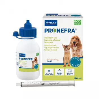 VIRBAC PRONEFRA 60 ml — veterinārais uztura bagātinātājs nieru darbības atbalstam suņiem un kaķiem