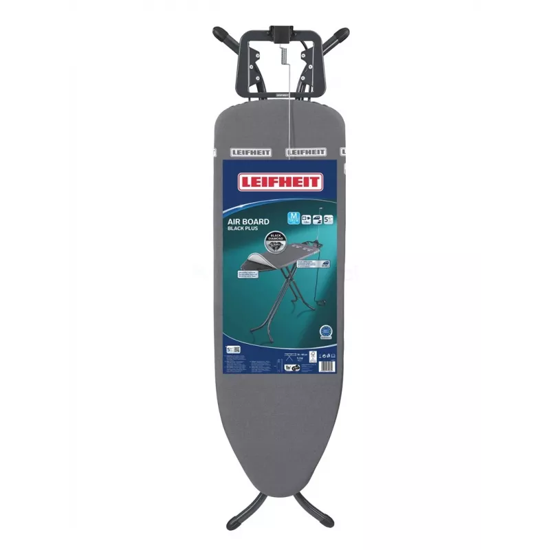 Gludināmais dēlis Leifheit Air Board M Black Plus — 1200×380 mm, augstums līdz 98 cm, svars 5.05 kg, gludekļa turētājs
