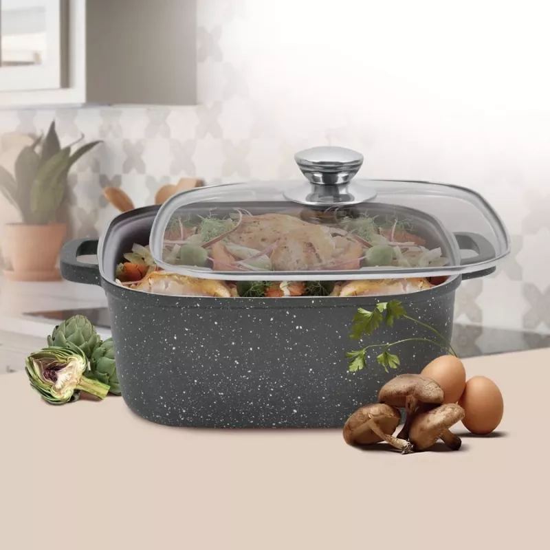 Katls ar vāku Maestro MR-2828, 28 cm Ø, 8.0 L, nepiedegošs, gāzes plītīm, kvadrātveida melns