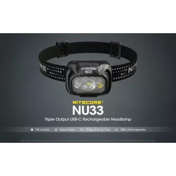 Galvaslampa Nitecore NU33, melna, 3 LED, 700 lm, alumīnijs, USB uzlādējama, IP66