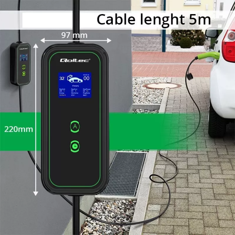 Qoltec Mobilais EV Auto Lādētājs Regulējams 2in1 Type2 | 7kW | 230V | CEE 3 PIN | Wi-Fi | LCD | Pārnēsājams | Wallbox | 5m