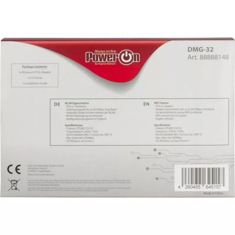Inter-Tech DMG-32 - Iekšējā - Bezvadu - PCI Express - Wi-Fi - 650 Mbit/s - Melns - Sudrabs (88888148)