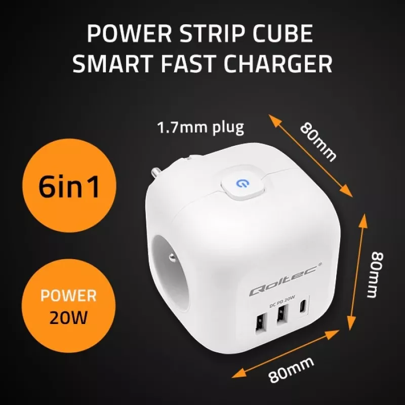 Pagarinātājs QOLTEC 52548 ar 3×AC kontaktligzdām un USB portu