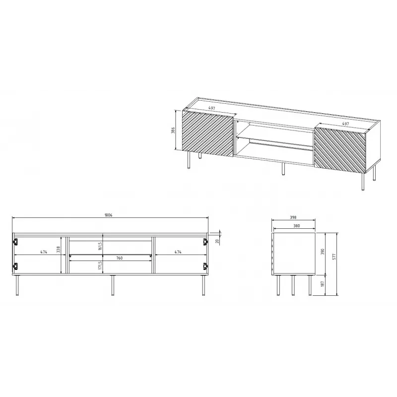 TV skapis ar elektrisko kamīnu Cama Meble ONDA 180.5×40×58.0 cm, skaidu plātne, zaļš, brīvstāvošs vai pie sienas