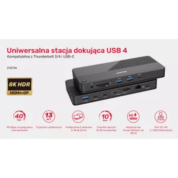 Doko stacija UNITEK D1079A USB4 Melna 100W Power Delivery
