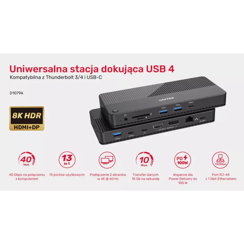Doko stacija UNITEK D1079A USB4 Melna 100W Power Delivery